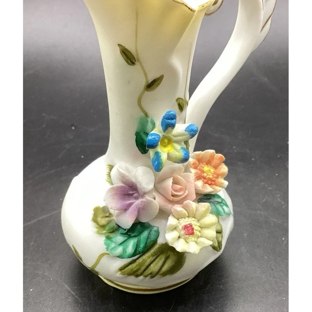 Vintage Miniature Pitcher‎ Vase W/ Applied Flowers Taiwan 4